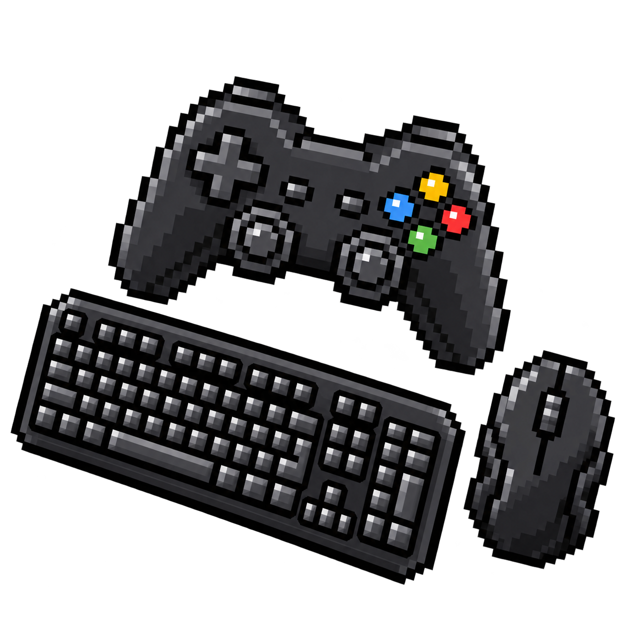 Clavier, souris et manette en pixel art